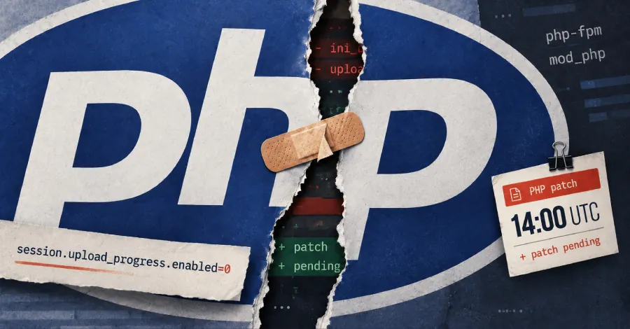 Ilustración de PHP con una grieta y un parche, junto al aviso de la actualización de seguridad PHP2Shell