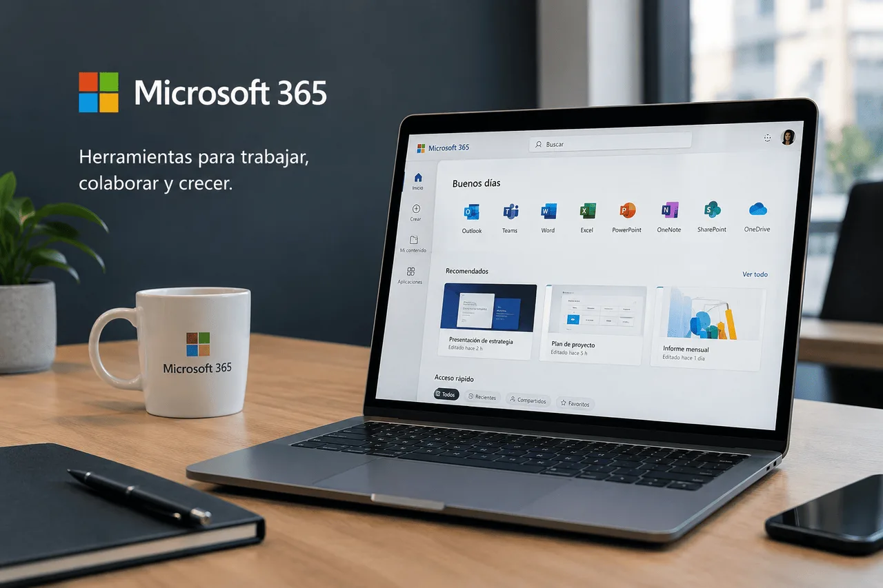 Laptop con aplicaciones de Microsoft 365 para el trabajo y la colaboración empresarial